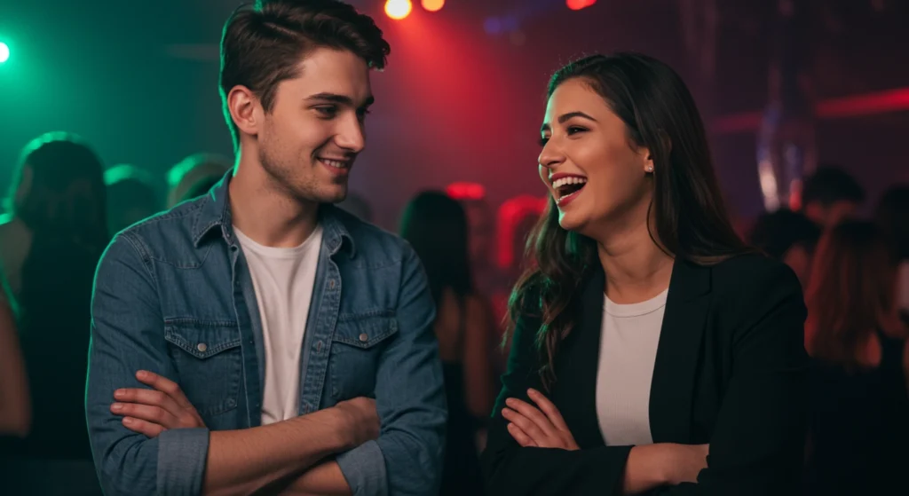 Interpreting body language: A smiling man and laughing woman stand with arms crossed, demonstrating that this posture isn't always defensive and can signify comfort or focus during positive social interaction