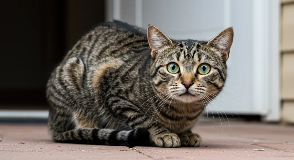 Alert tabby cat displaying signs of intense focus or potential fear through wide, dilated pupils, a tense low crouch, and forward-facing ears, demonstrating heightened awareness