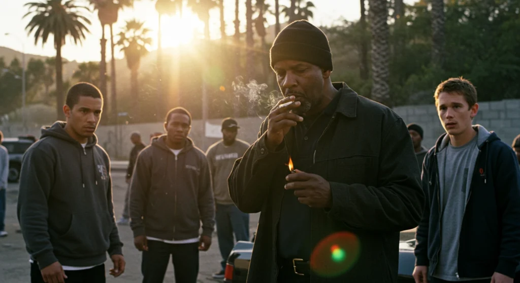 Interpreting group body language: A central man's focused gaze and action suggest authority, while surrounding men show signs of tension, watchful assessment, and nervous apprehension