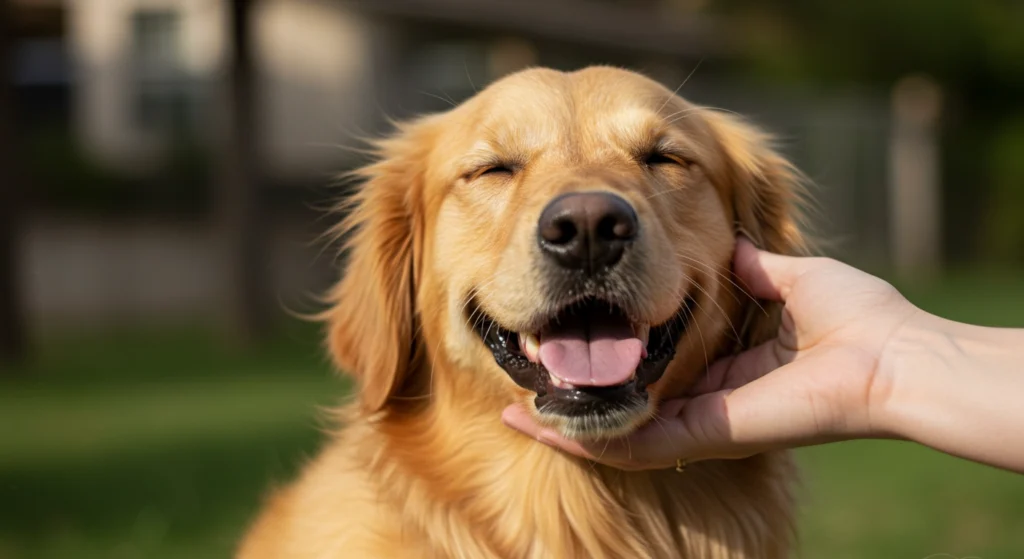 Interpreting non-verbal cues of comfort: A human hand gently touches a dog's chin, eliciting a clear expression of pleasure and contentment shown by the dog's closed eyes and relaxed, open mouth