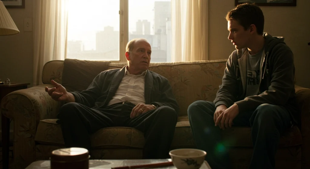 Interpreting body language in conversation: An older man uses an open hand gesture to explain a point, indicating sincerity or openness, while a younger man listens intently, hands clasped in his lap, showing attentiveness possibly mixed with reserve or stress