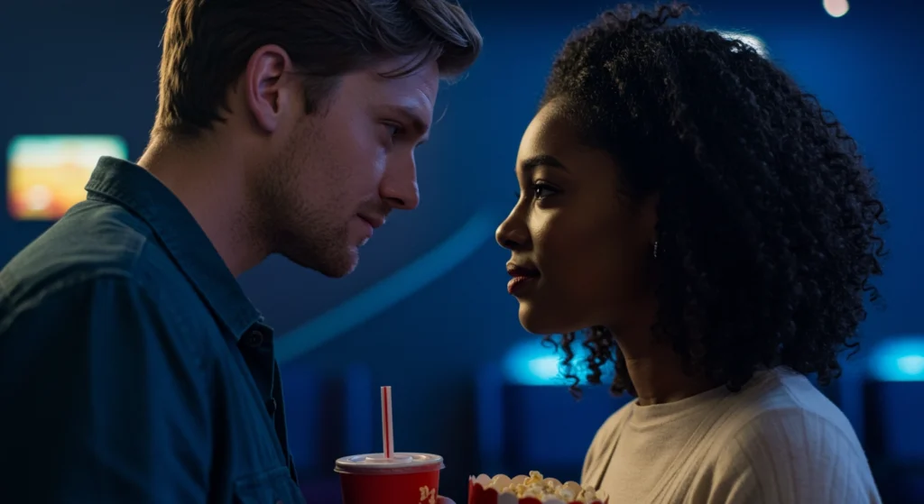 Body language analysis: Intense mutual gaze and close proximity (intimate zone) between a man and woman indicate strong connection, focus, and potential romantic attraction