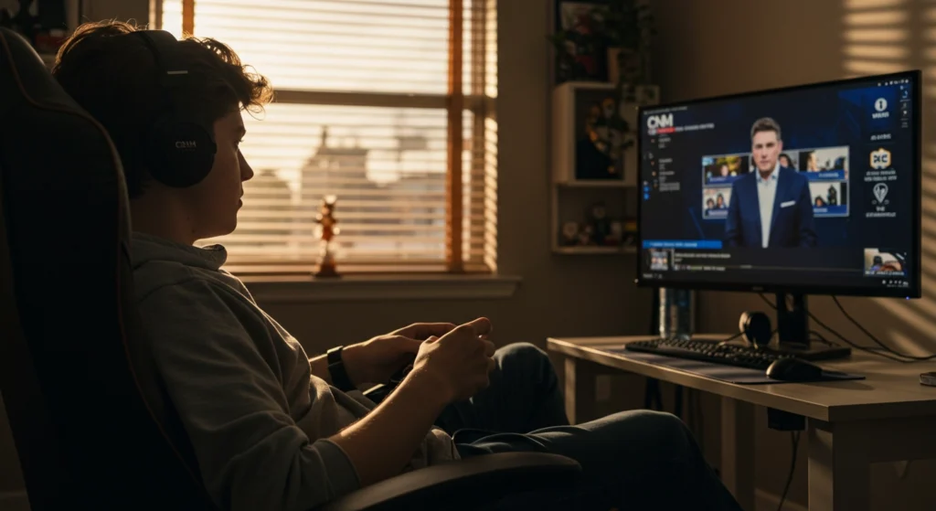 Body language interpretation: A person's fixed gaze on a screen and attentive posture signifies deep concentration and engagement with digital media