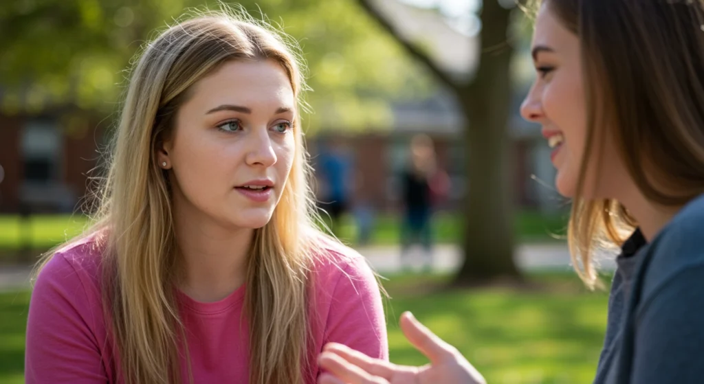 Facial expression signaling active listening body language; a woman's attentive gaze and slightly parted lips indicate focus and processing information during a conversation