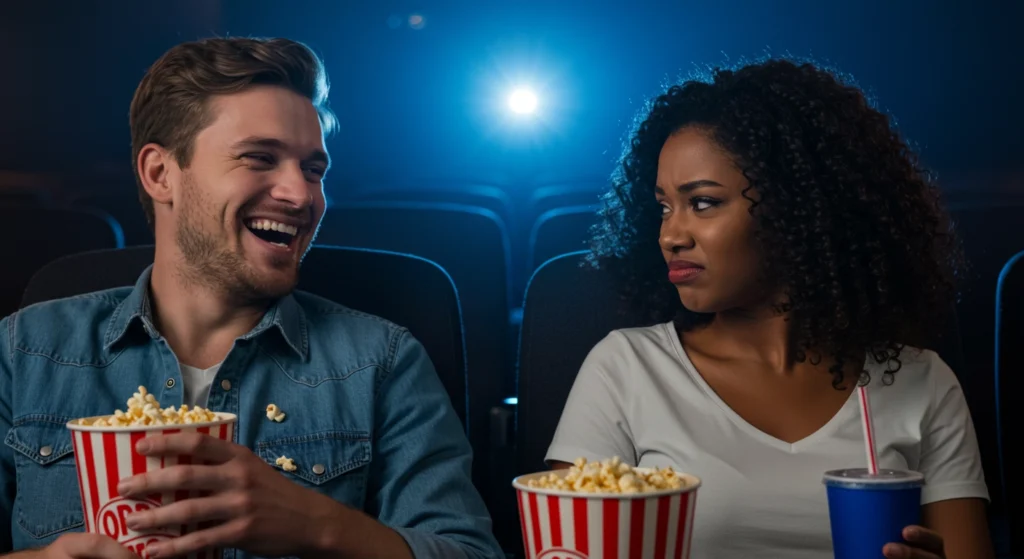 Woman displaying body language signals of disgust or annoyance - furrowed brow, tight lips, side-eye - reacting negatively to a man laughing openly beside her