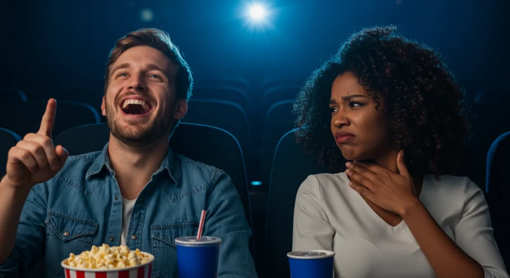 Woman exhibits body language signs of disgust or feeling choked up, clutching her throat with a grimace, reacting negatively to a laughing man pointing upwards beside her