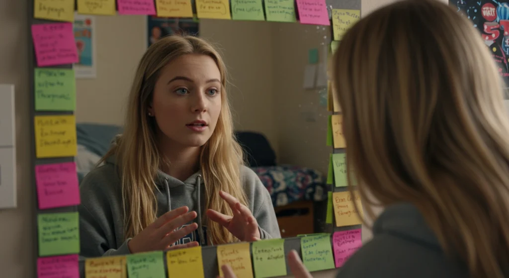 Young woman engaging in self-talk or practicing communication in a mirror, using open hand gestures indicative of sincerity, explanation, or earnest articulation