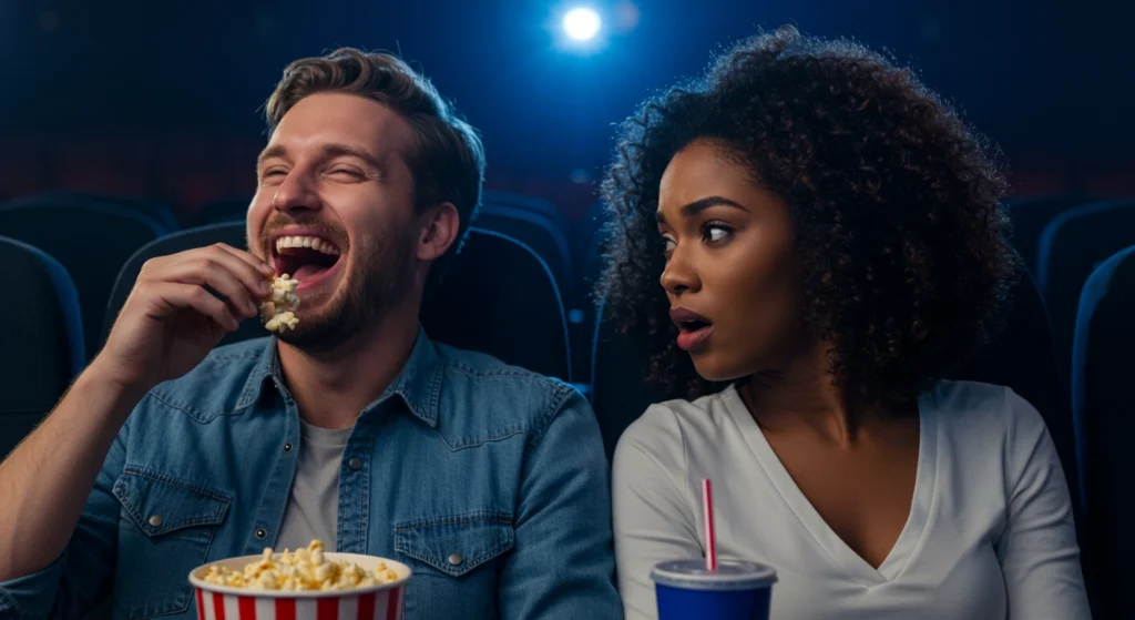 Woman displaying body language of shock or surprise - wide eyes, open mouth - reacting to a man laughing openly next to her, showing contrasting emotional expressions