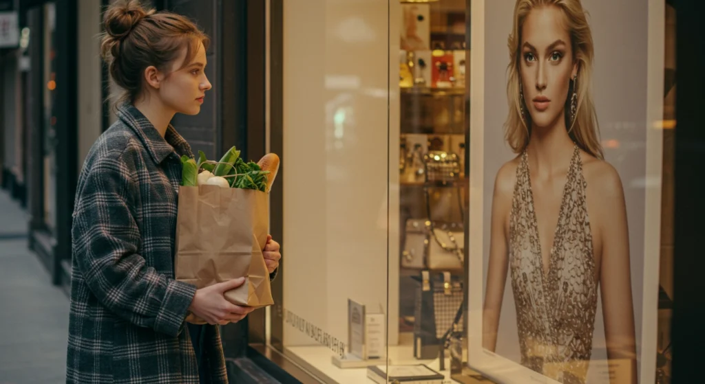 Body language interpretation: A woman stands gazing intently into a shop window, her focused attention and body orientation indicating strong interest or desire